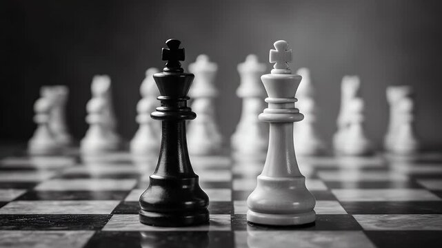 Two chess kings standing tall on a wooden board during an intense match representing the ultimate struggle between competitive opponents in a tactical strategy game