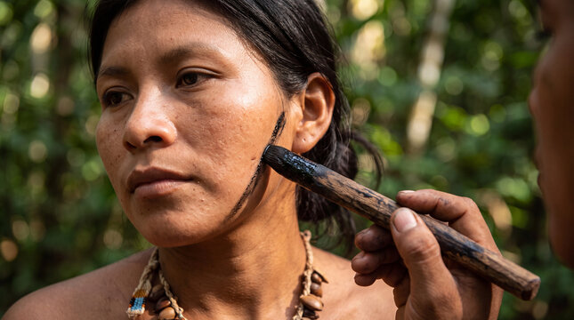indigenous south american woman receiving traditional black face paint in the amazon rainforest