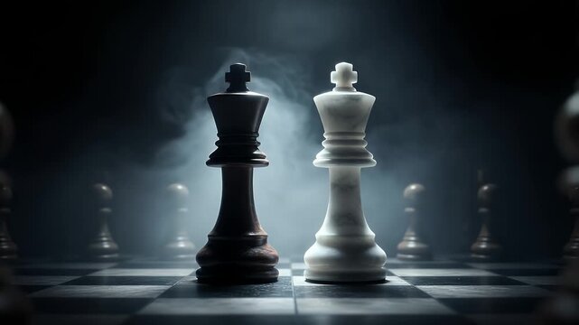 Two powerful chess kings, one dark and one light, stand facing each other on a dramatic, smokey chessboard representing strategic competition.
