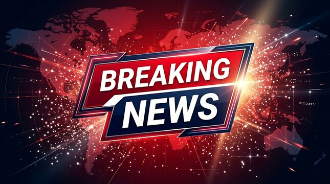 A professional news broadcast graphic featuring the words Breaking News in a modern, high energy design with a global map and light effects.