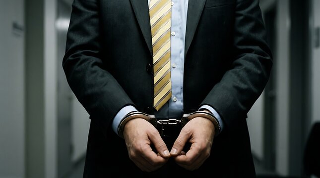A close up shot of a person wearing a formal suit and tie, showing their hands locked in handcuffs, suggesting arrest or white collar crime.