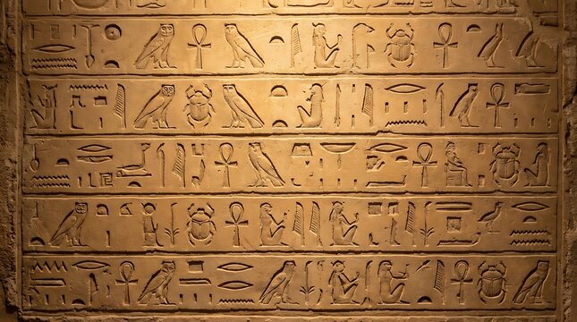 A close up view of an ancient Egyptian stone relief featuring detailed hieroglyphic carvings, including owls, scarabs, and ankh symbols.