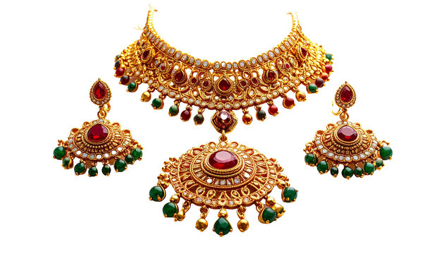 An elegant Indian bridal jewelry set featuring a traditional Kundan choker necklace, matching ornate drop earrings, and a large statement pendant. The gold-plated set is meticchristmas tree decoration