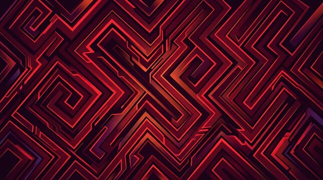 A dark, intricate abstract background featuring a complex maze like pattern with glowing red neon lines and deep shadows.