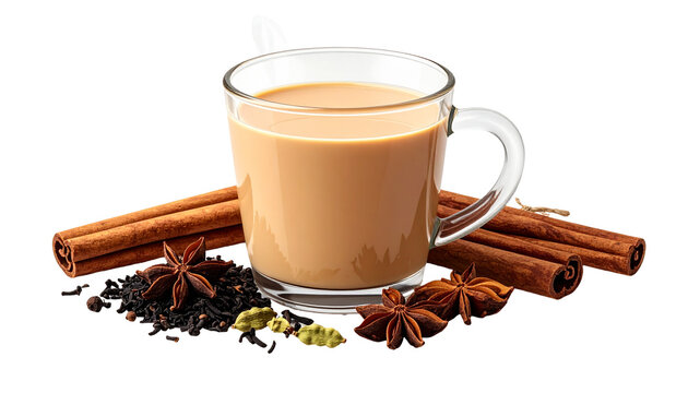 Traditional Indian masala chai tea served in a clear glass mug on a black background, surrounded by raw aromatic spices including cinnamon sticks, star anise, green cardamom pods, coffee with cinnamon