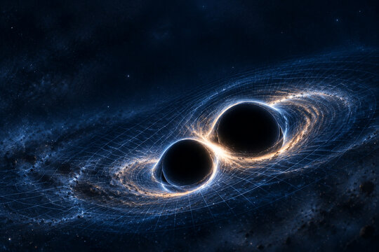 Two black holes merging in deep space with warped spacetime grid, astrophysics and gravitational waves concept