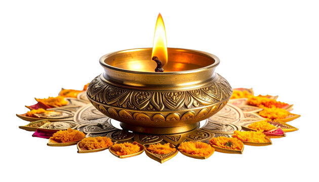 burning candle holderTraditional Indian brass diya oil lamp with three burning wicks, decorated with orange marigold flowers for Diwali festival celebration, isolated on dark black background.