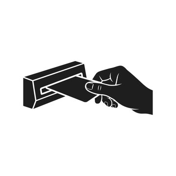 vector Hand inserting a card into a reader device for access control or payment transaction illustration on transparent background