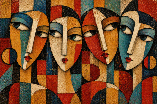 Abstract Cubist Faces Group with Geometric Shapes and Mid Century Modern Style