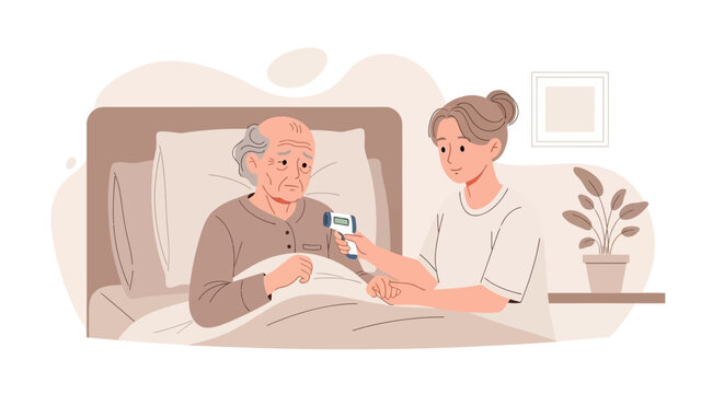 Caring Nurse Measures Temperature of Senior Patient in Bed