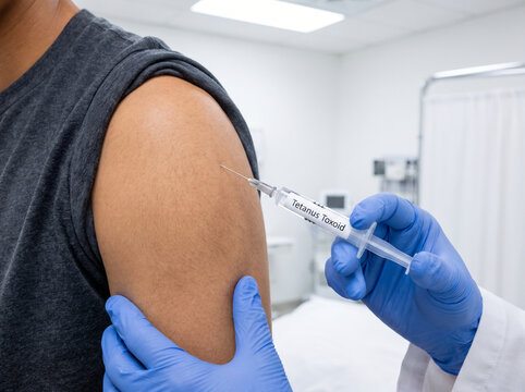 Medical doctor administering a tetanus toxoid booster shot