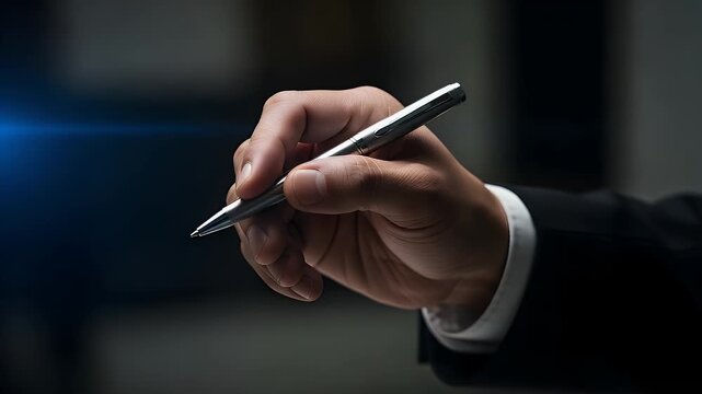 Professional hand holding a metallic silver ballpoint pen ready to write important documents in a corporate office setting during a busy work day for business