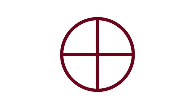 A minimalist vector graphic featuring a dark red circle divided into four equal quadrants by a central cross, isolated on a white background.