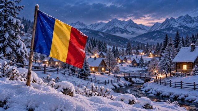 Waving Romanian flag in beautiful snowy winter village landscape in Carpathian mountains for National Day