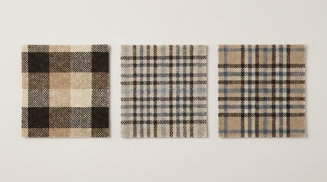 A collection of three square fabric samples featuring various plaid and checkered textile designs in earthy, neutral, and blue color palettes.