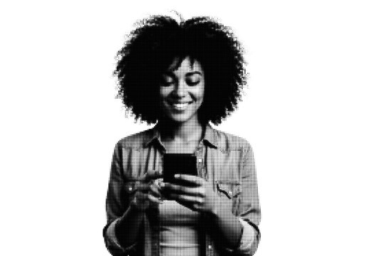 Woman holding smartphone with thoughtful expression illustration