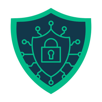 Modern cybersecurity shield logo template with digital circuit board and lock icon on transparent background