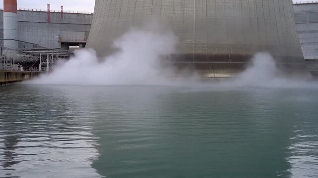 Cooling pond steaming beside an intake