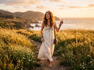 Obraz premium Happy young woman walking through a field of wildflowers during a beautiful golden sunset.