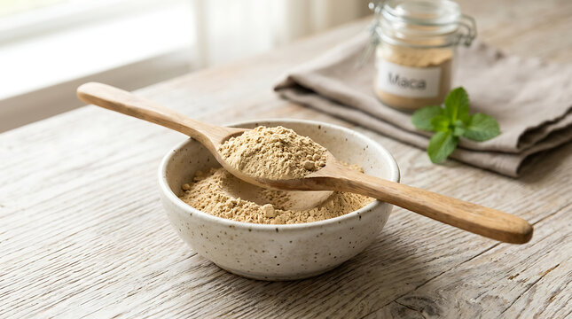 Wooden spoon with maca root powder over bowl on rustic wooden table