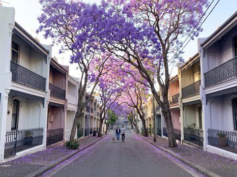 Picturesque street lined with blooming purple jacaranda trees in a residential neighborhood.