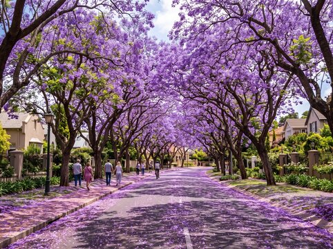 Beautiful street lined with blooming purple jacaranda trees in a residential neighborhood.