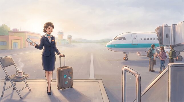Budget airline attendant standing with suitcase by an airplane at the airport, travel concept   