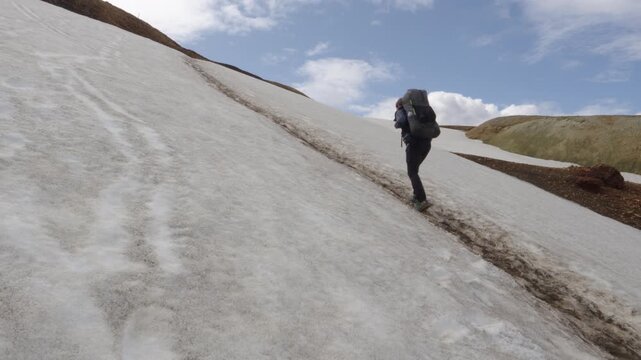 A lone hiker traverses a snow-covered path on the famous Laugavegur trail on Iceland. The rugged volcanic landscape and distant colorful hills create a breathtaking, remote adventure scene.