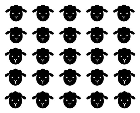 Minimalist vector illustration of 24 black sheep heads arr set with simple line art design featuring sketches, drawings, vector graphics with minimalist and simple illustrations