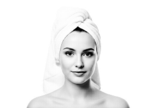 Young woman with pixelated face looking directly at camera illustration