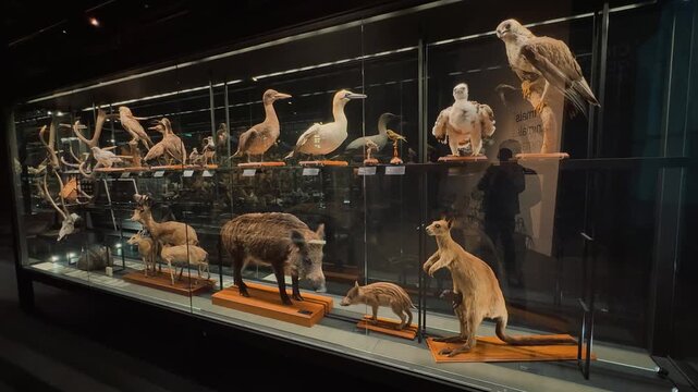 Explore fascinating taxidermy animals, ancient skeletons, and marine life specimens showcased behind glass displays inside a modern natural history museum exhibition,