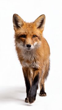 Fox gazes directly with alert expression, beautifully captured as it walks forward. Fur details and bushy tail showcased. Isolated on white background. Video made using Generative AI.