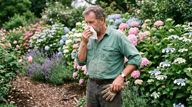 Gardener with tissue beside blooming spring shrubs