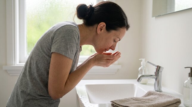 Person rinsing face after outdoor spring exposure