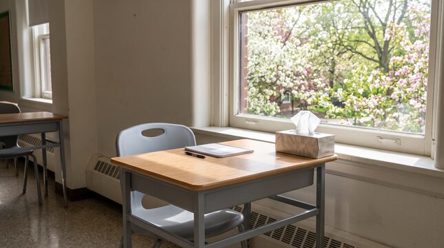 Classroom desk with tissues during spring pollen season