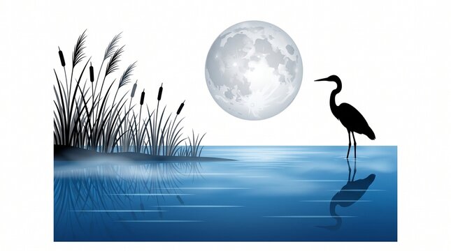 Egret silhouette moonlit lake reeds