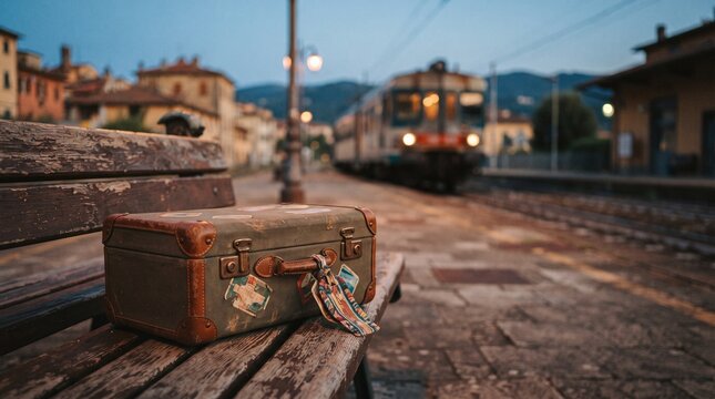 Vintage suitcase on a bench at a train station during twilight, cheap travel concept   