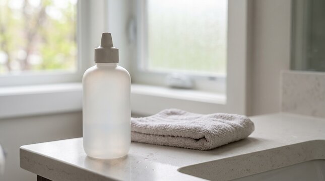 Generic nasal rinse bottle on spring bathroom counter