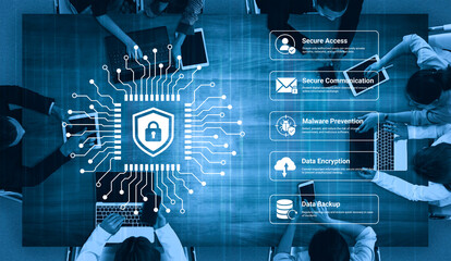 Obraz premium An overhead view of a modern workspace focusing on digital security. The image features a shield symbol surrounded by technology elements, emphasizing the importance of cyber protection. Nascent