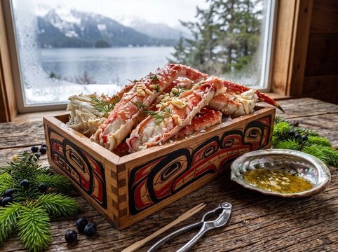 Alaskan King Crab Legs with Garlic Butter in Traditional Indigenous Tlingit Bentwood Cedar Box
