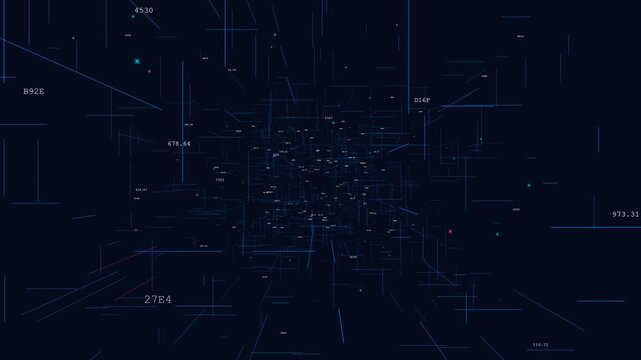 Telemetry Coordinate Lines Moving in Endless Digital Tunnel with Glowing Blue HUD Vector Grids for Sci-Fi Technology Background