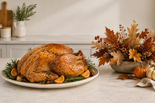 Roasted turkey on ceramic platter with autumn leaves centerpiece, Thanksgiving dinner and family meal concept