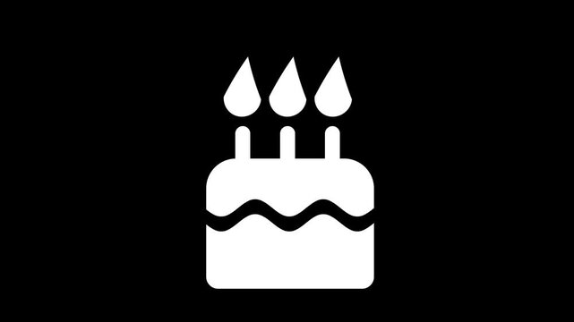 White birthday cake with three lit candles animated icon on a solid black background. Perfect for celebration, anniversary, and party design elements.