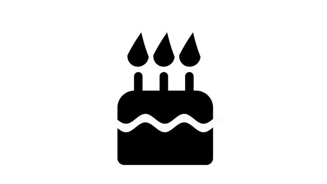 Black birthday cake with three lit candles animated icon on a solid white background. Ideal for minimalist celebration, anniversary, and party projects.
