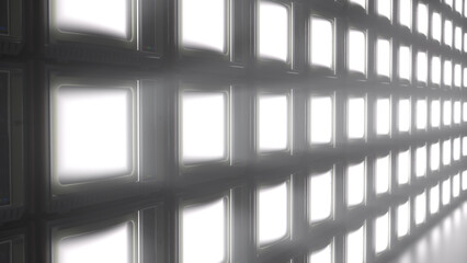 Wall of vintage CRT televisions arranged in a grid, with glowing white screens, dim lighting, and dramatic shadows. © Piotr Adamczyk