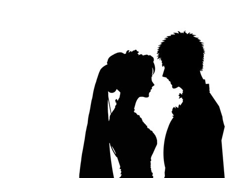 Bride and Groom Silhouette with Copy Space on White Background