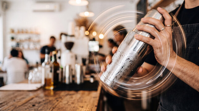 Barista Hand Shaking Cocktail Shaker with Dynamic Motion Blur in Modern Cafe, Coffee Shop Action Photography with Copy Space