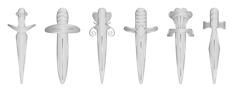 Metallic fantasy Medieval swords, shiny silver icon set. Monochrome glossy steel vector collection of RPG weapon symbols for UI, UX, mobile apps, web, game interfaces and inventory design