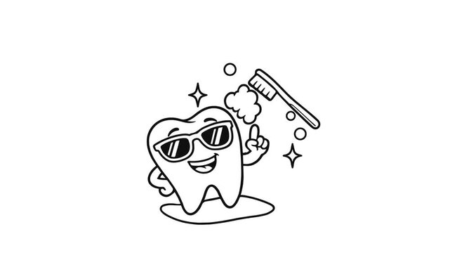Cool Cartoon Tooth with Sunglasses and Toothbrush Line Art Animation for Dental Care Concepts