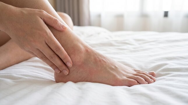 Close-up of a person sitting on a bed, holding a painful or itchy ankle with red spots and skin irritation.